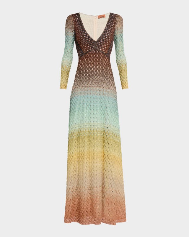 Plunging Metallic Ombre Knit Long-Sleeve Maxi Dress